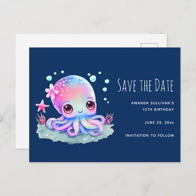 Invitation Carte Postale Cute Octopus Sea Creature Enregistrer la date (Devant / Derrière)