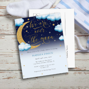 Invitation Carte Postale Cute Over the Moon Blue Boy Baby shower