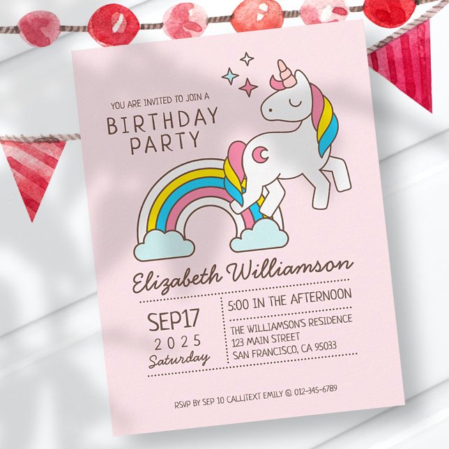 Invitation Carte Postale Cute Rainbow Unicorn Et Étincelles Anniversaire (Créateur téléchargé)
