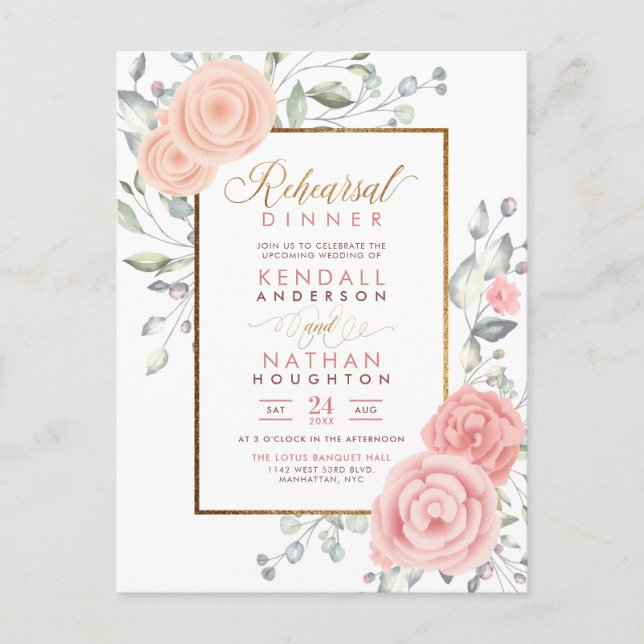 Invitation Carte Postale Cute Rose Aquarelle Fleurit Dîner De Répétition Fl (Devant)