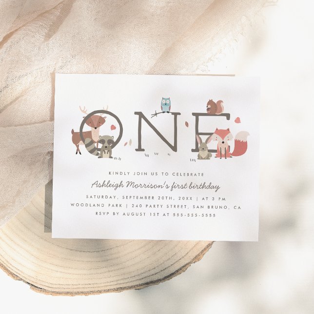 Invitation Carte Postale Cute Rustic Woodland Animaux Première fête d'anniv (Créateur téléchargé)