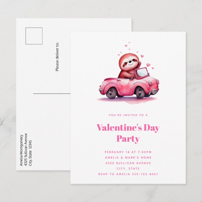 Invitation Carte Postale Cute Sloth in a Pink Convertible (Devant / Derrière)