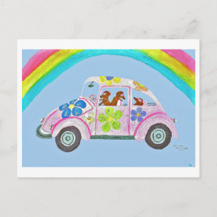 Invitation Carte Postale Dachshunds dans une voiture hippie sous un arc-en-