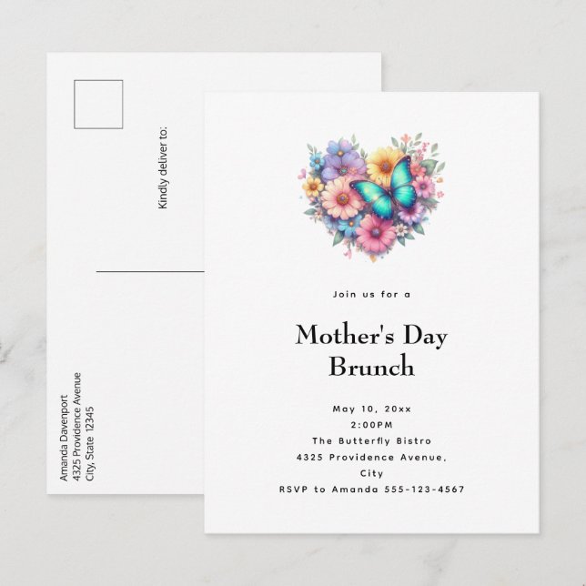 Invitation Carte Postale Daisy Flowers with a Blue Butterfly Mother's Day (Devant / Derrière)