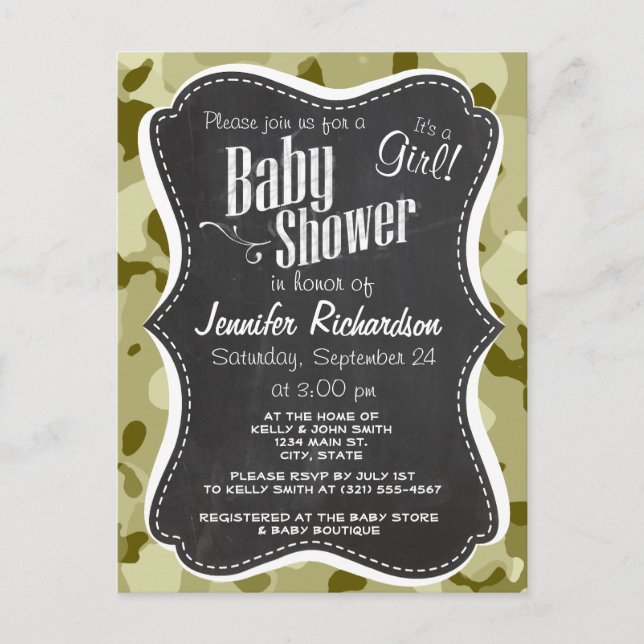 Invitation Carte Postale Dark Khaki Camo ; Retro Chalkboard look (Devant)