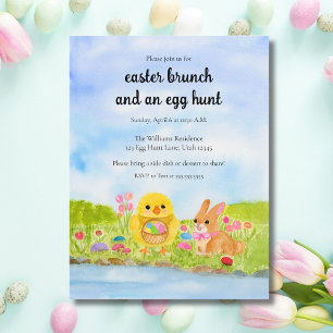 Invitation Carte Postale Déjeuner de Pâques avec poussin lapin de Pâques