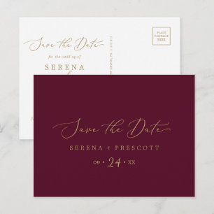 Invitation Carte Postale Delicate Gold et Bourgogne Enregistrer la date Car