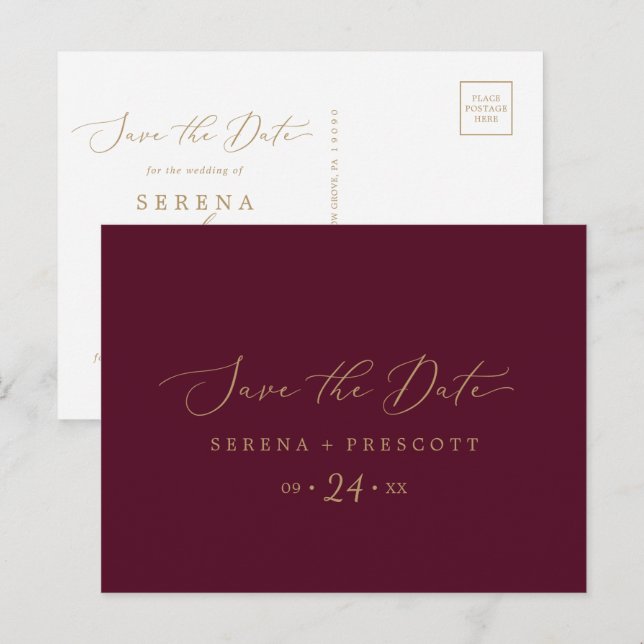 Invitation Carte Postale Delicate Gold et Bourgogne Enregistrer la date Car (Devant / Derrière)