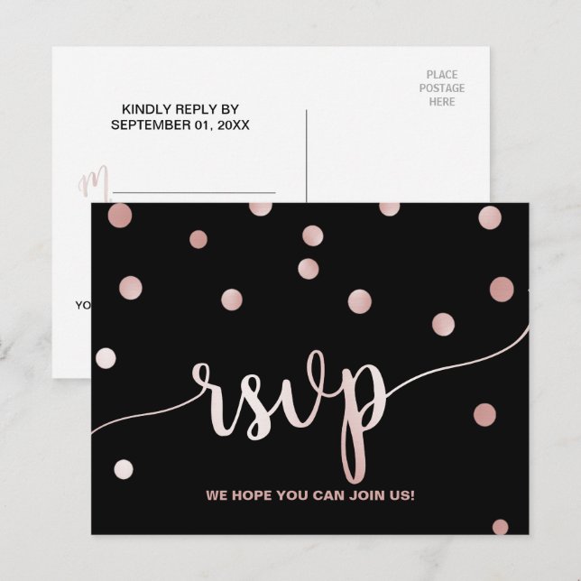 Invitation Carte Postale Demande de Chanson Confetti rose Gold & Black Glam (Devant / Derrière)