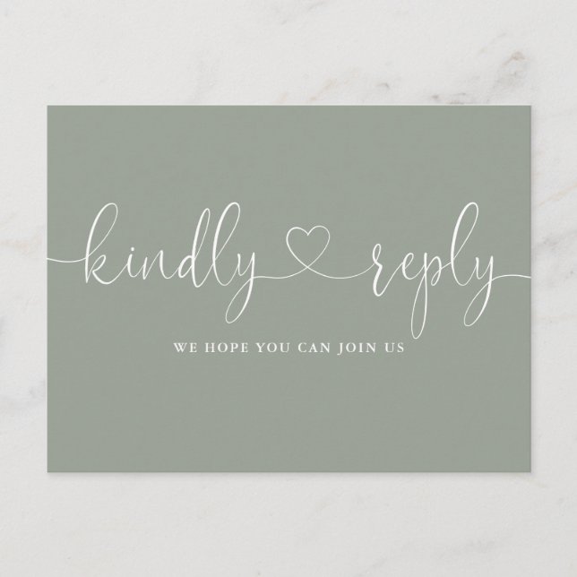 Invitation Carte Postale Demande RSVP de Chanson verte Sage Script Heart (Devant)