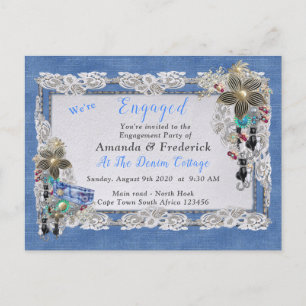 Invitation Carte Postale Denim avec dentelle de crème et bijoux costume