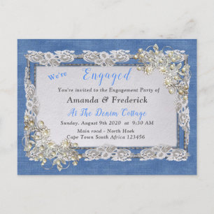 Invitation Carte Postale Denim avec dentelle de crème et perles