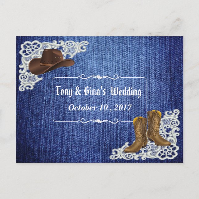Invitation Carte Postale Denim Boots & Lace Wedding RSVP (Devant)