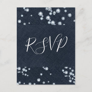 Invitation Carte Postale Denim & Diamonds Blue Jean Bling Glam RSVP