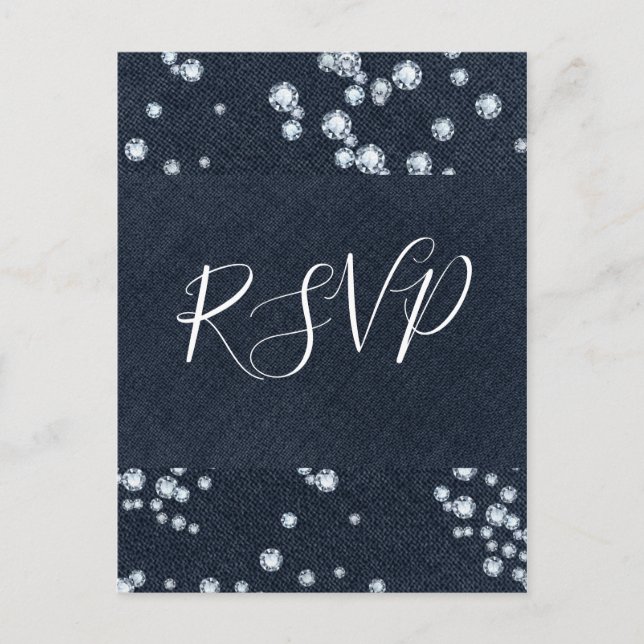 Invitation Carte Postale Denim & Diamonds Jean Bleu Bling Glam RSVP (Devant)