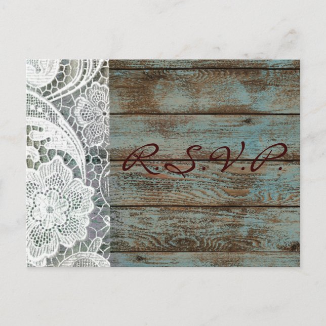 Invitation Carte Postale dentelle blanche rustique turquoise grange bois ma (Devant)