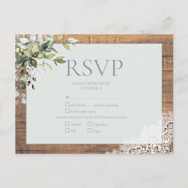 Invitation Carte Postale Dentelle en bois botanique bleu Dusty Eucalyptus R (Devant)
