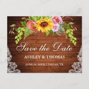 Invitation Carte Postale Dentelle en bois de tournesol Floral Économisez La