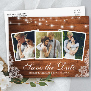 Invitation Carte Postale Dentelle en bois rustique 3 Photo Enregistrer la d