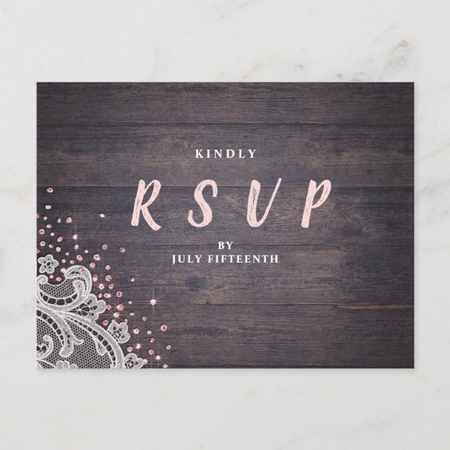 Invitation Carte Postale Dentelle et bois parties scintillant rousse mariag (Devant)