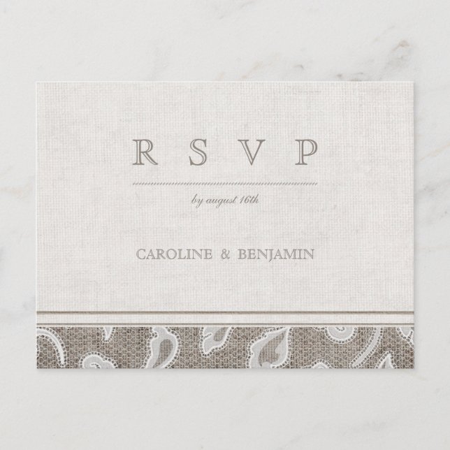 Invitation Carte Postale Dentelle et mariage campagnard rustique burlap RSV (Devant)