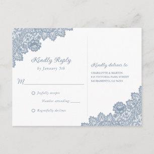 Invitation Carte Postale Dentelle florale bleu Dusty Mariage rustique RSVP