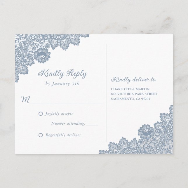 Invitation Carte Postale Dentelle florale bleu Dusty Mariage rustique RSVP (Dos)