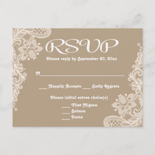 Invitation Carte Postale Dentelle florale RSVP rustique Tan Brown & blanc -
