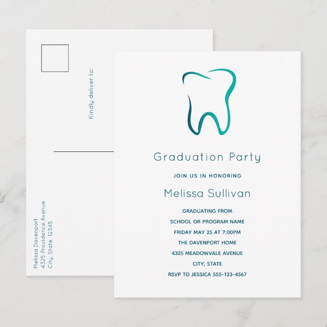 Invitation Carte Postale Dentistesse dentaire Médicale Image Graduation (Devant / Derrière)