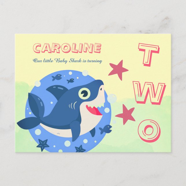 Invitation Carte Postale Deuxième anniversaire mignon petit requin océaniqu (Devant)
