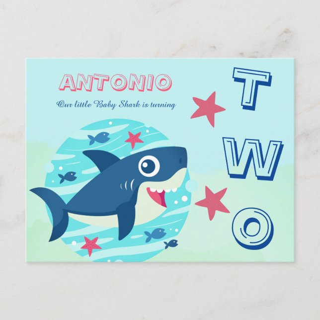 Invitation Carte Postale Deuxième anniversaire mignon requin-bébé sous le b (Devant)