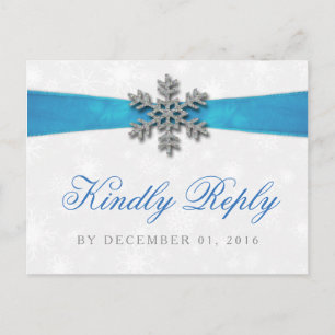 Invitation Carte Postale Diamante Snowflake & Blue Ribbon Mariage d'hiver