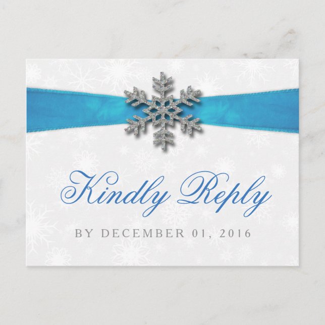 Invitation Carte Postale Diamante Snowflake & Blue Ribbon Mariage d'hiver (Devant)