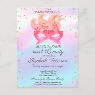 Invitation Carte Postale Diamants de Mascarade,Masque,Douce 16 ans holograp