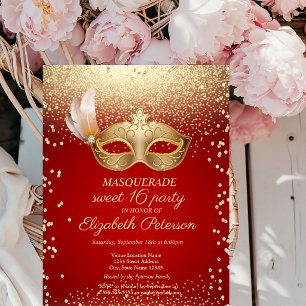 Invitation Carte Postale Diamants de Mascarade,Masque,Rouge Sweet 16 