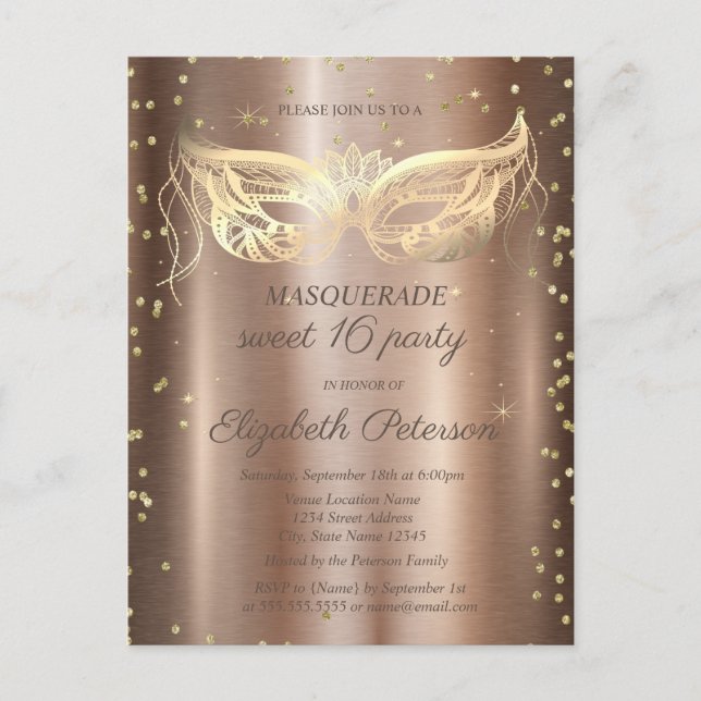Invitation Carte Postale Diamants d'or mascarade en cuivre doux 16 (Devant)