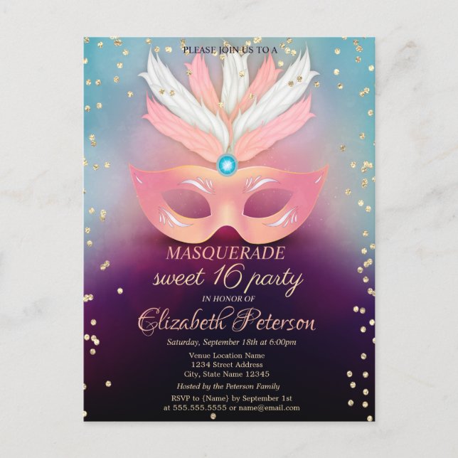 Invitation Carte Postale Diamants d'or mascarade, Masque rose doux 16 (Devant)