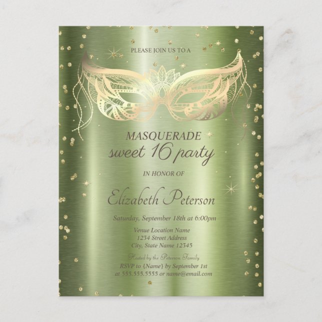 Invitation Carte Postale Diamants d'or mascarade Vert métal doux 16 (Devant)