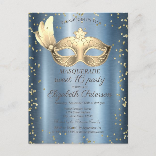 Invitation Carte Postale Diamants Masques Bleu Métallalique Douce 16 (Devant)