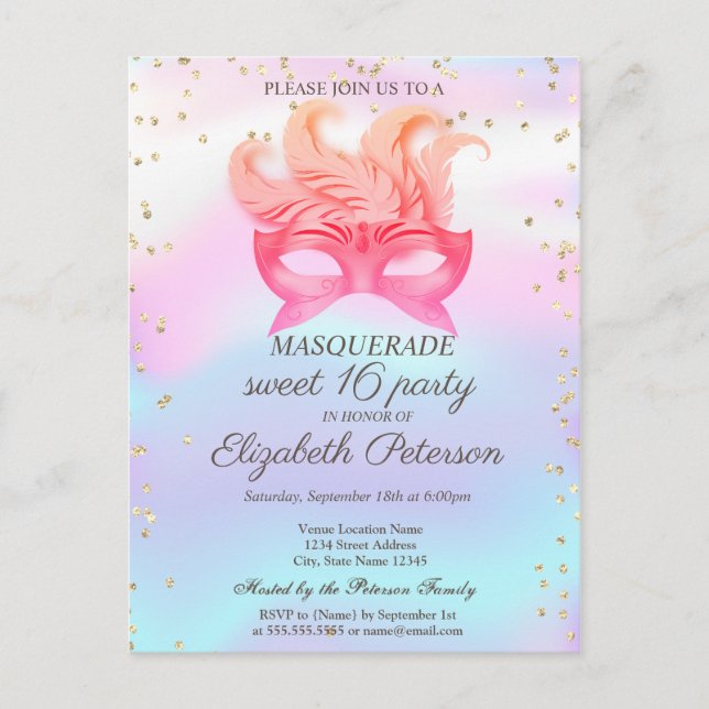 Invitation Carte Postale Diamants masqués, Masque, Doux holographique 16 (Devant)