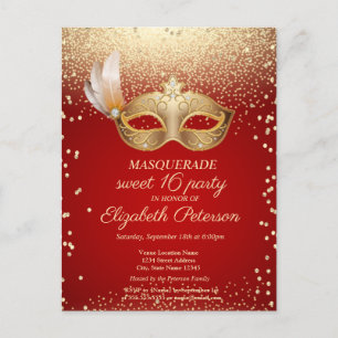 Invitation Carte Postale Diamants masqués, Masque, Doux rouge 16