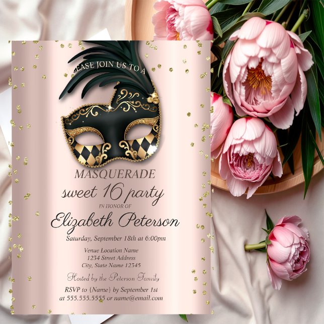 Invitation Carte Postale Diamants Rose Or Black Masquerade Sweet 16 (Créateur téléchargé)
