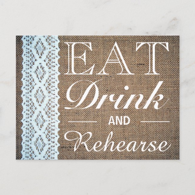 Invitation Carte Postale Dîner Boire et répéter Burlap Dîner de répétition  (Devant)