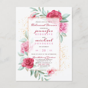 Invitation Carte Postale Dîner Chic Rose & Rouge Chic Rose de répétition fl