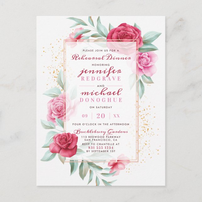 Invitation Carte Postale Dîner Chic Rose & Rouge Chic Rose de répétition fl (Devant)
