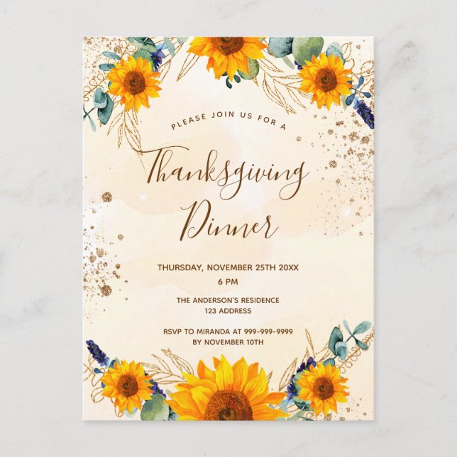 Invitation Carte Postale Dîner d'action de grâces tournesols chute d'eucaly (Devant)