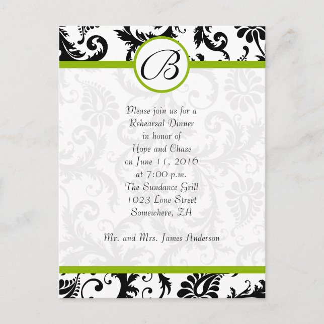 Invitation Carte Postale Dîner de répétition Apple Green & Black Damask Swi (Devant)