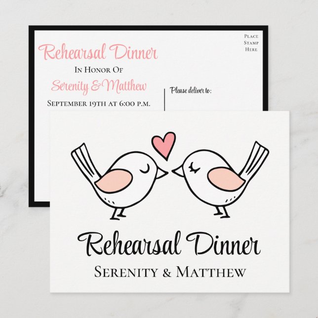 Invitation Carte Postale Dîner de répétition de Mariage noir Inséparable Lo (Devant / Derrière)