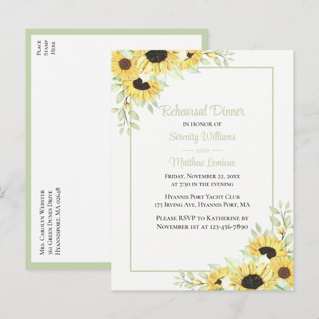 Invitation Carte Postale Dîner de répétition de tournesol jaune floral élég (Devant / Derrière)