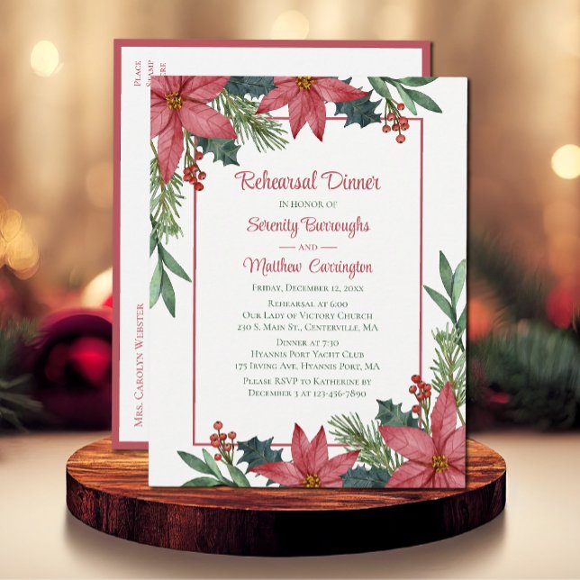 Invitation Carte Postale Dîner de répétition florale de Noël rouge Poinsett (Créateur téléchargé)